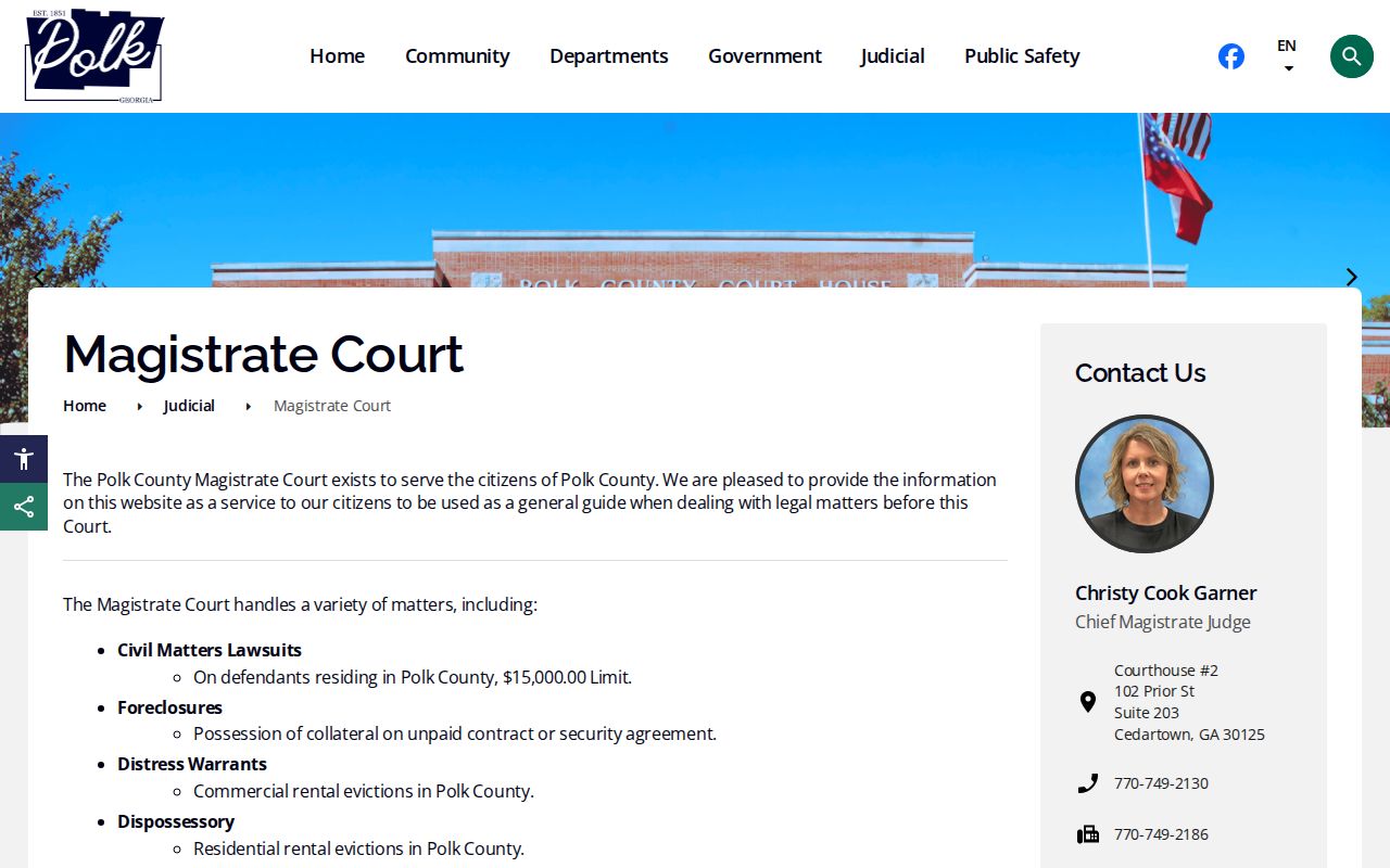 Polk County Magistrate Court page describing civil jurisdiction and clerk access