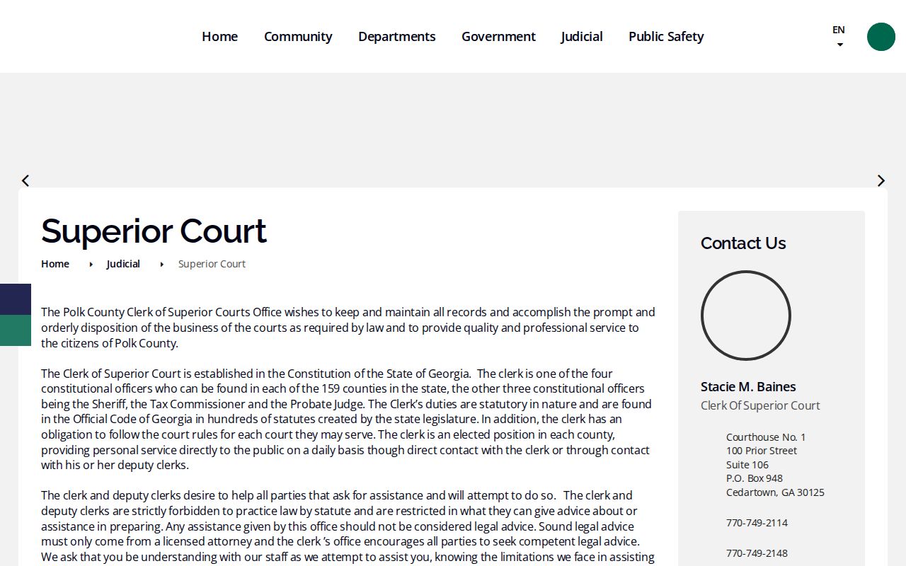 Polk County Superior Court clerk page showing criminal docket and public terminal access