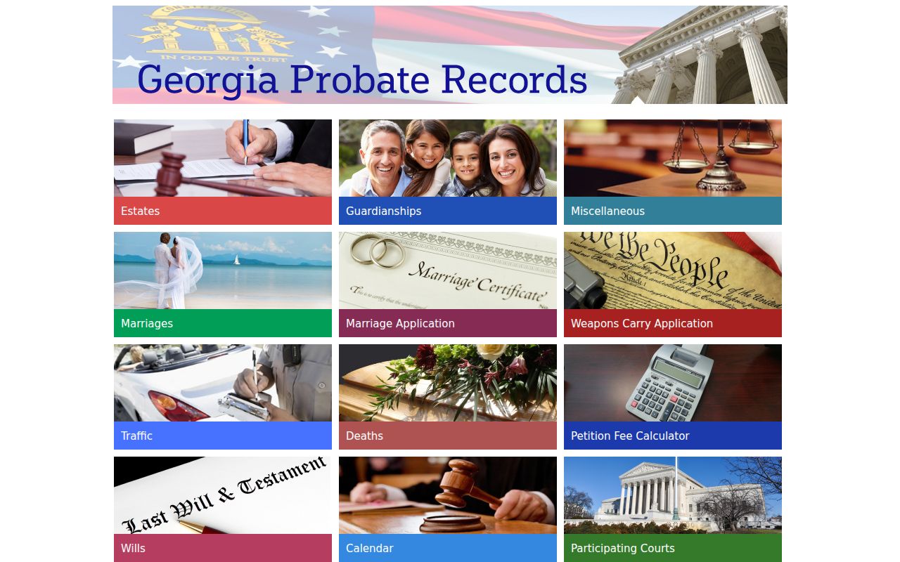Georgia Probate Records portal with separate estate, hearing, guardianship, and traffic modules
