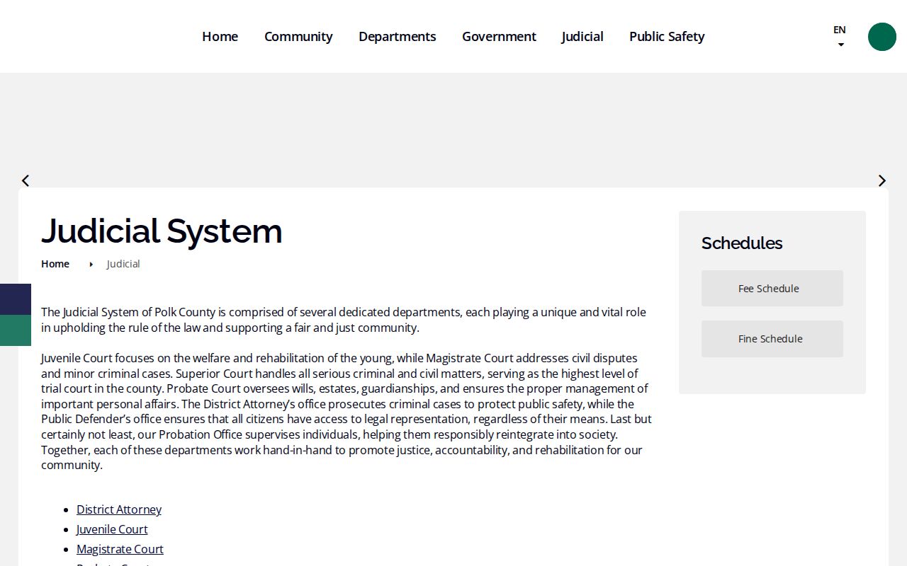 Polk County Judicial System directory showing the local courts that keep dockets